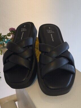 Time and Tru Black Braided Platform Slide Sandals Size 6